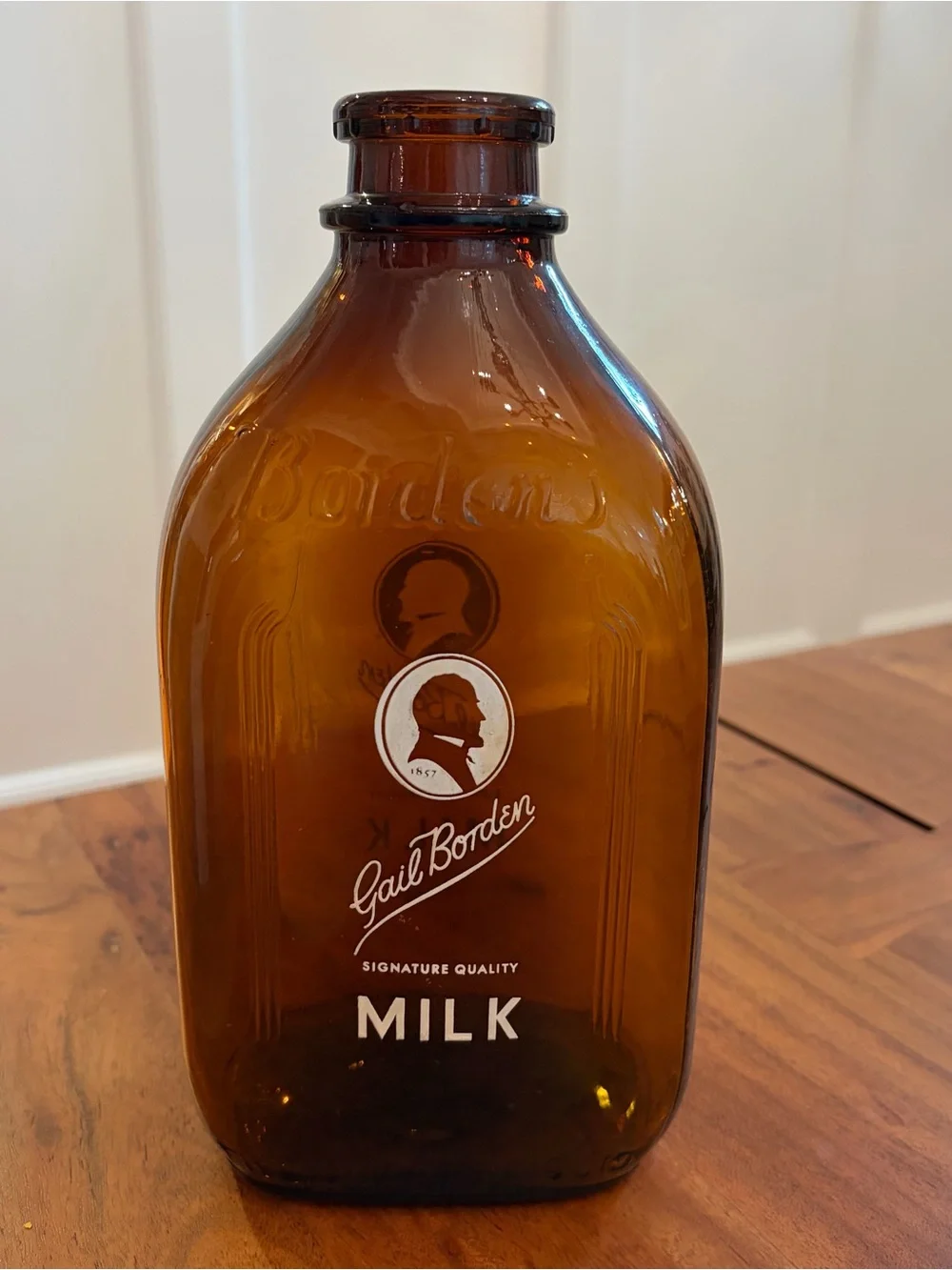 Vintage Gail Borden Amber Glass Half Gallon Milk Bottle 2 Quart 1950s Pyro Rare